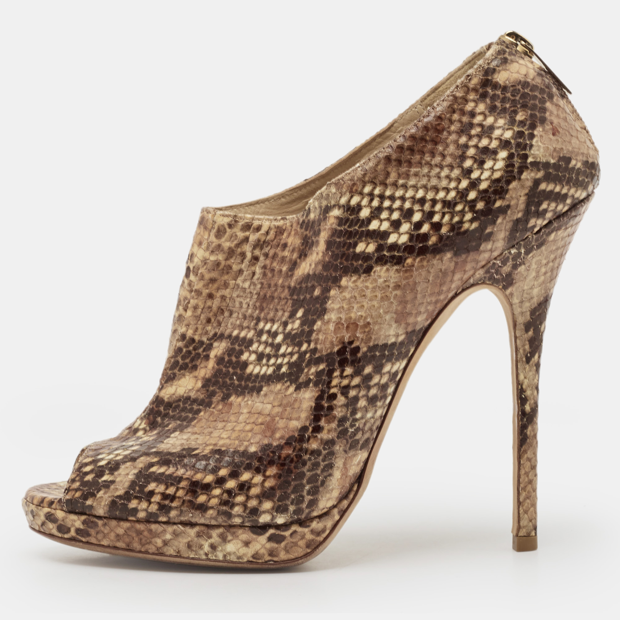 Pre-owned Jimmy Choo Tan Snakeskin Embossed Glint Peep Toe Ankle Booties Size 39
