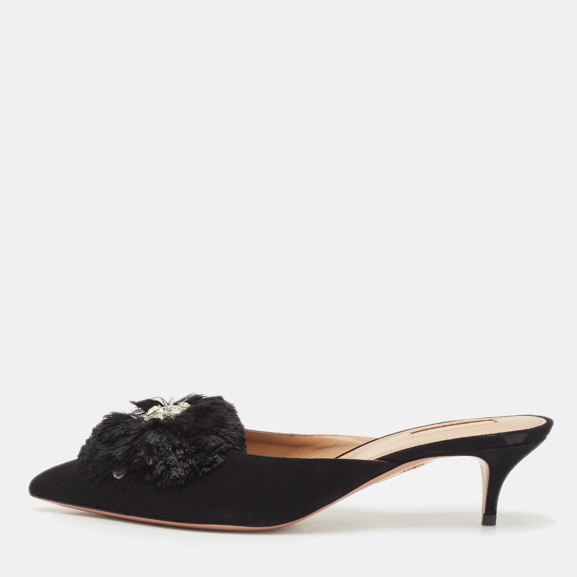 Pre-owned Aquazzura Black Suede Crystal Embellished Lotus Mules Size 40