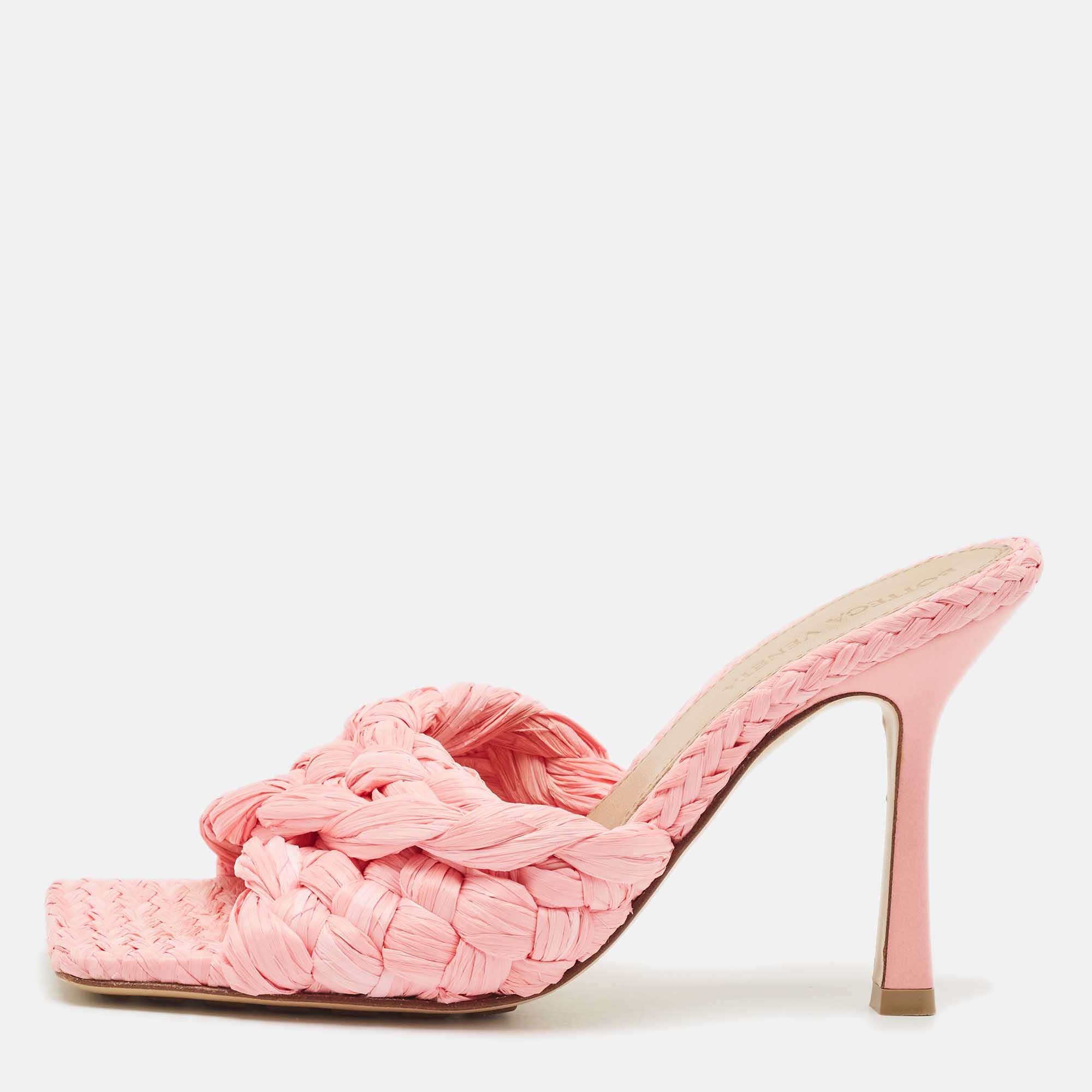 Pre-owned Bottega Veneta Pink Woven Raffia Stretch Slide Sandals Size 36