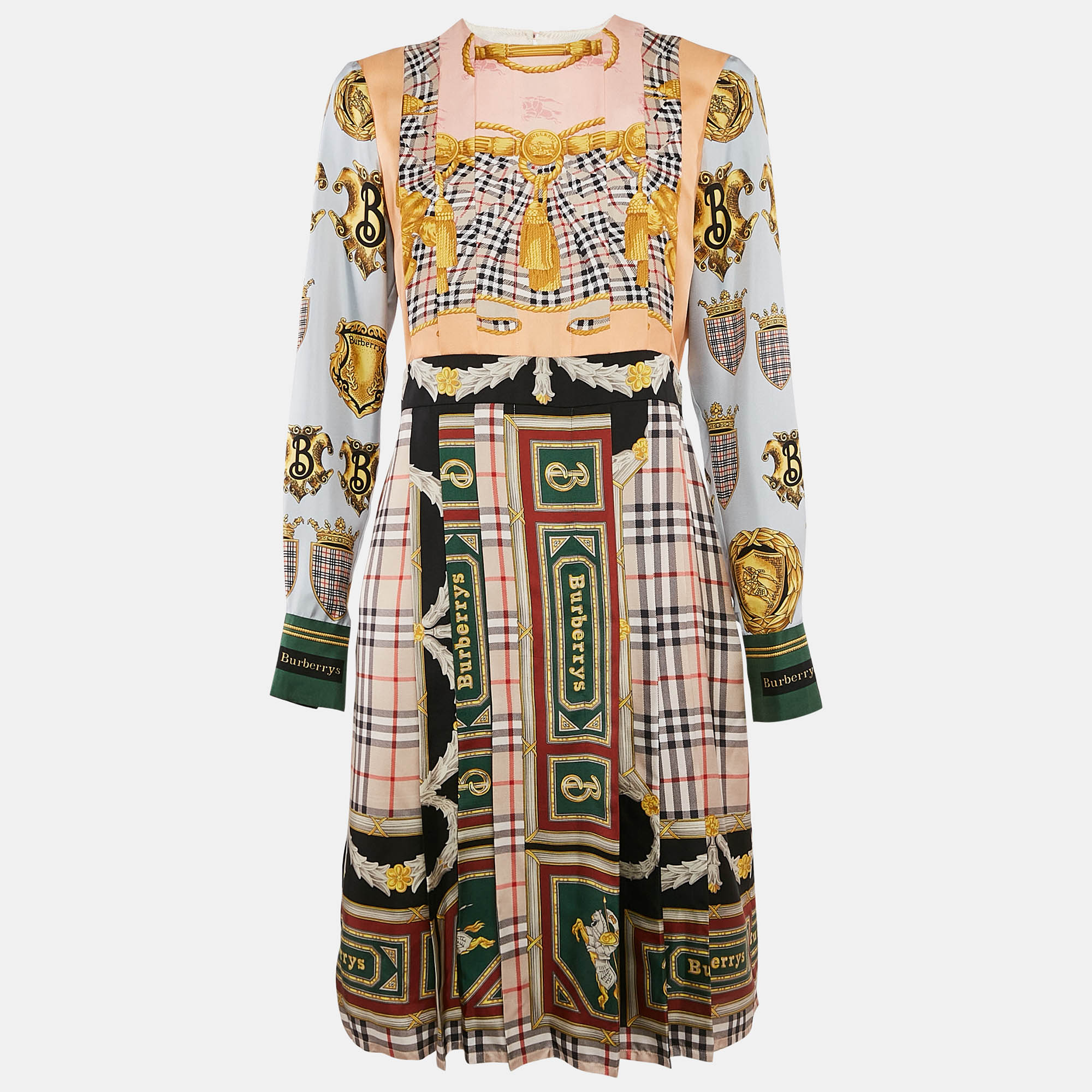 Pre-owned Burberry Multicolor Scarf Print Silk Pleated Long Sleeve Midi Dress M
