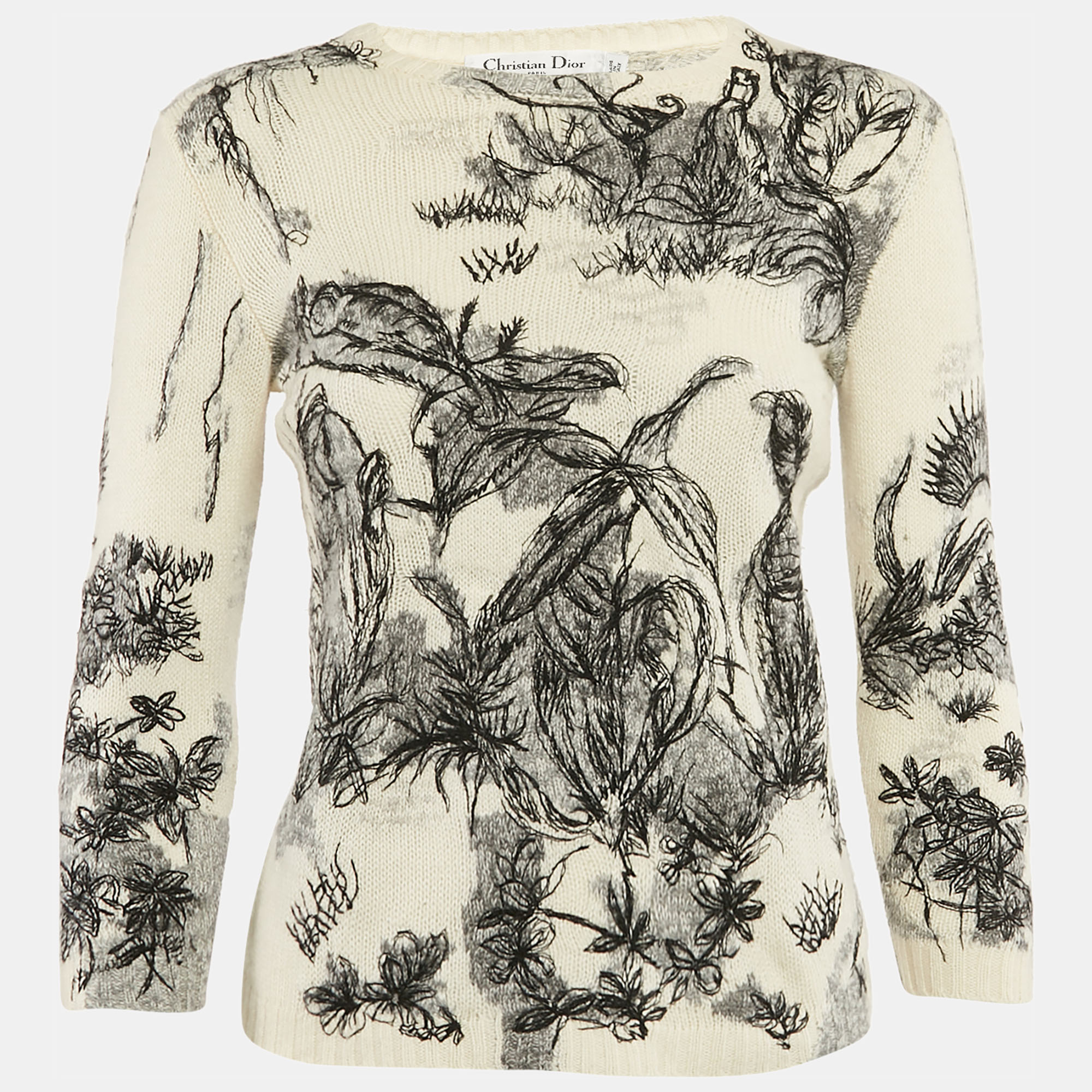 Pre-owned Dior Off-white Embroidered Cashmere Crew Neck Sweater S