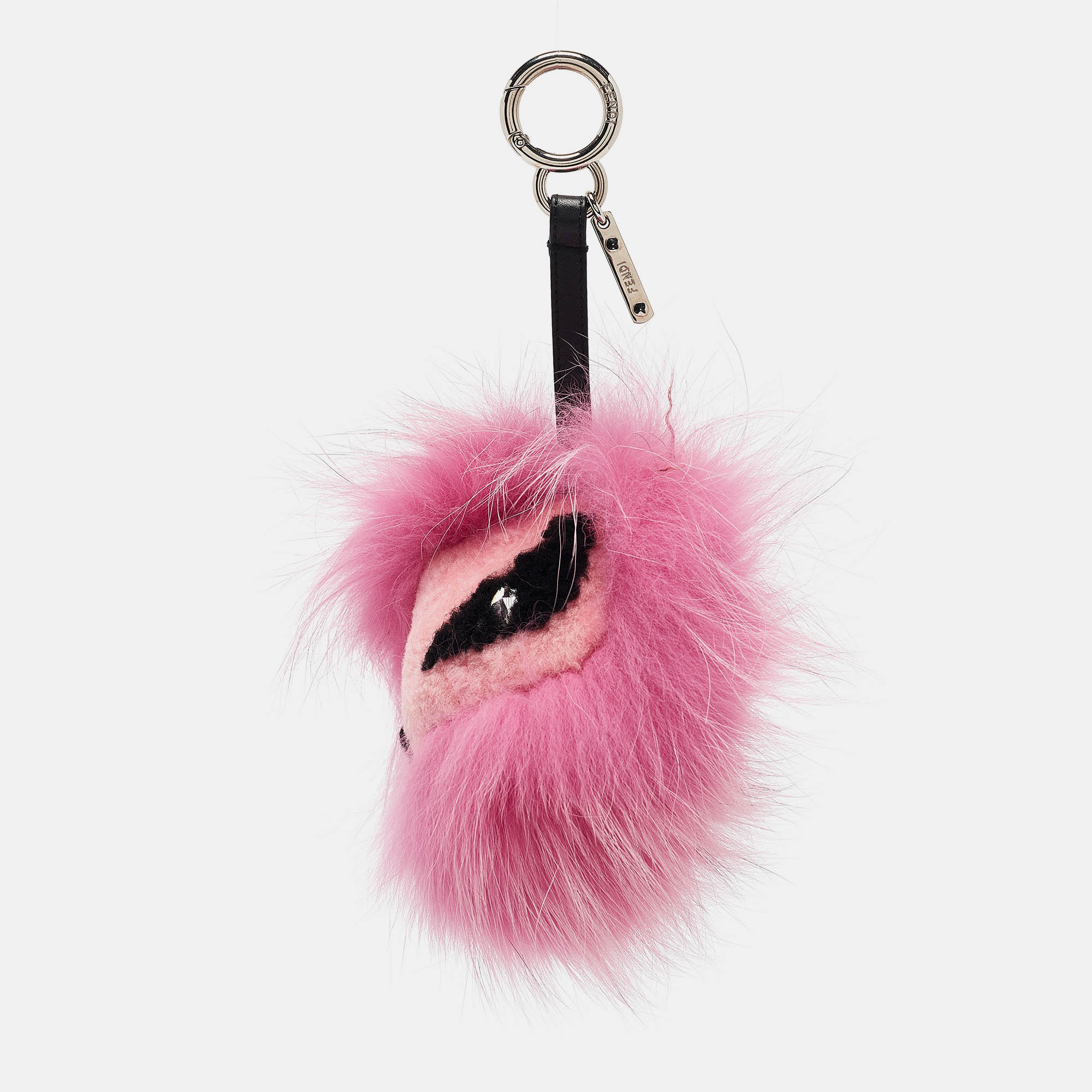 Pre-owned Fendi Pink Fox Fur And Shearling Crystal Tria Monster Bug Bag Charm