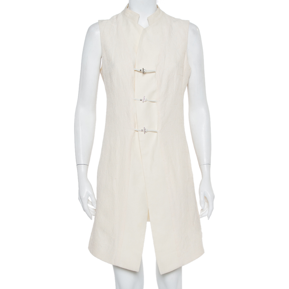 Pre-owned Kenzo Cream Embroidered Linen Mid Length Vest L