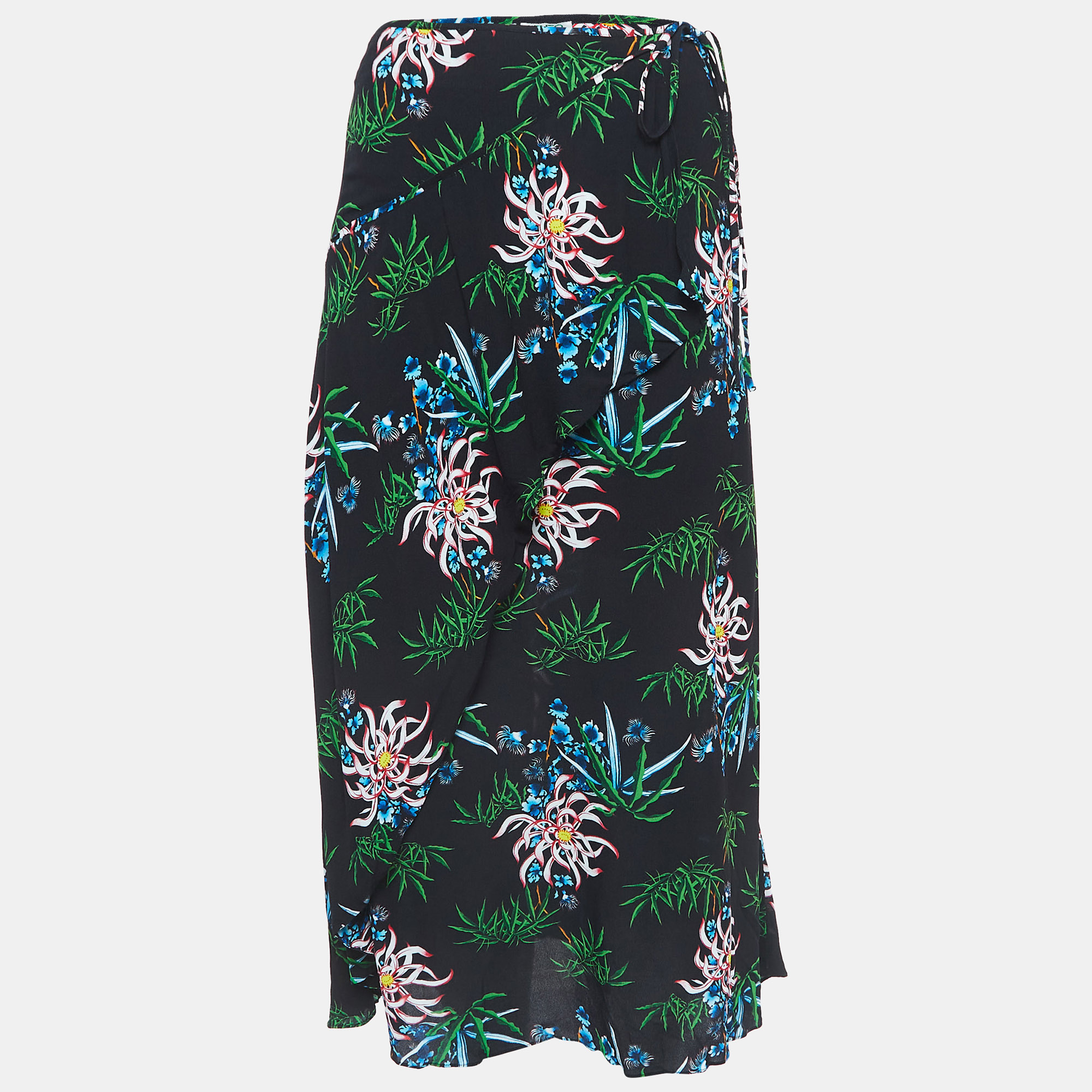 Pre-owned Kenzo Black Printed Crepe Wrap Effect Midi Skirt M