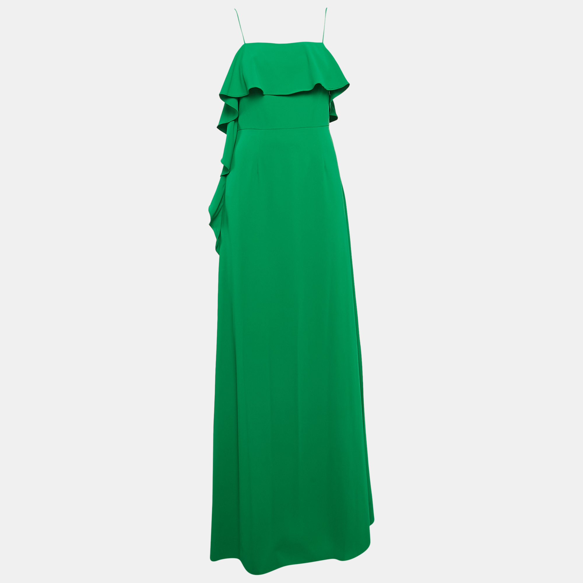 Pre-owned Monique Lhuillier Green Crepe Ruffled Maxi Slip Dress M