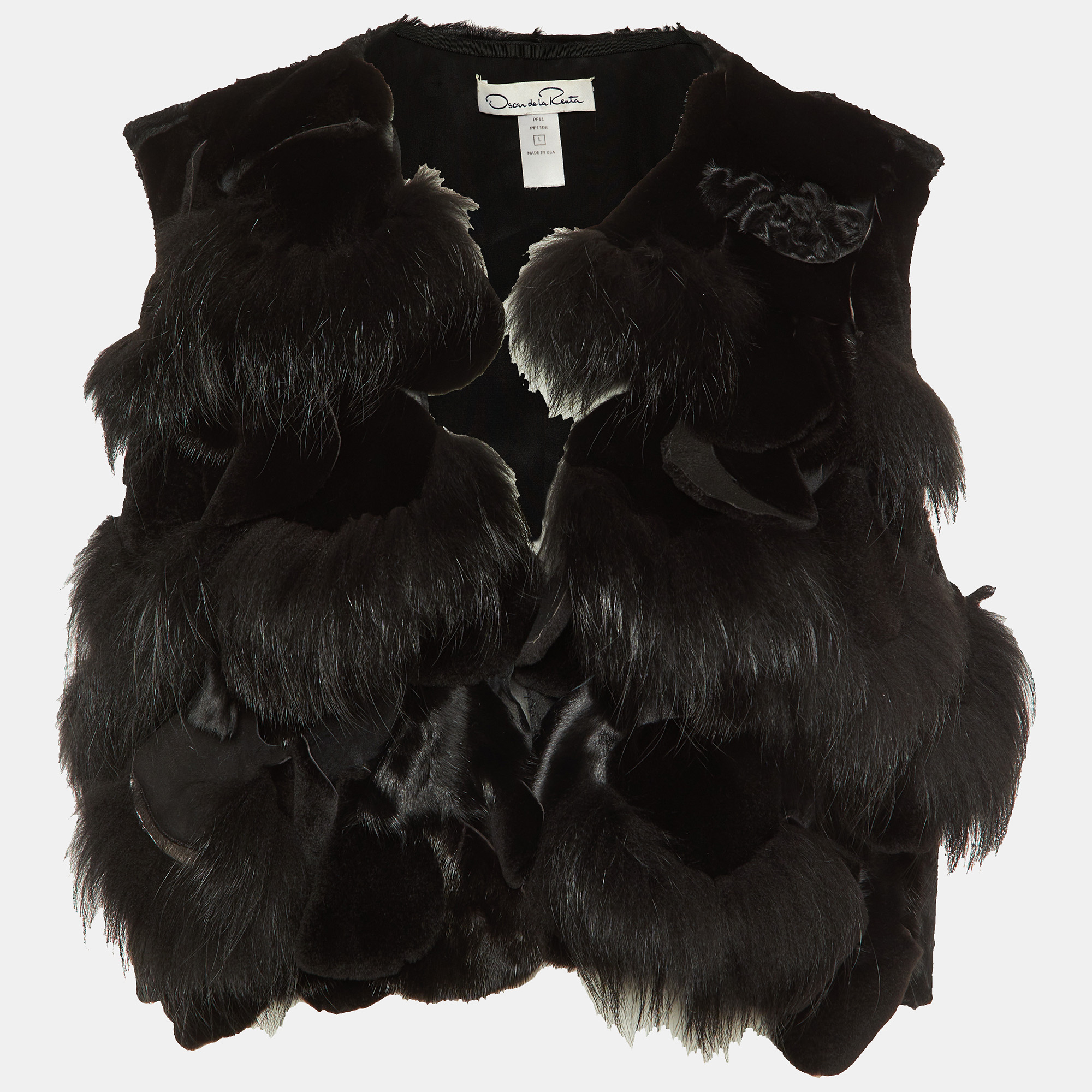 Pre-owned Oscar De La Renta Black Fur Detail Satin Sleeveless Coat L