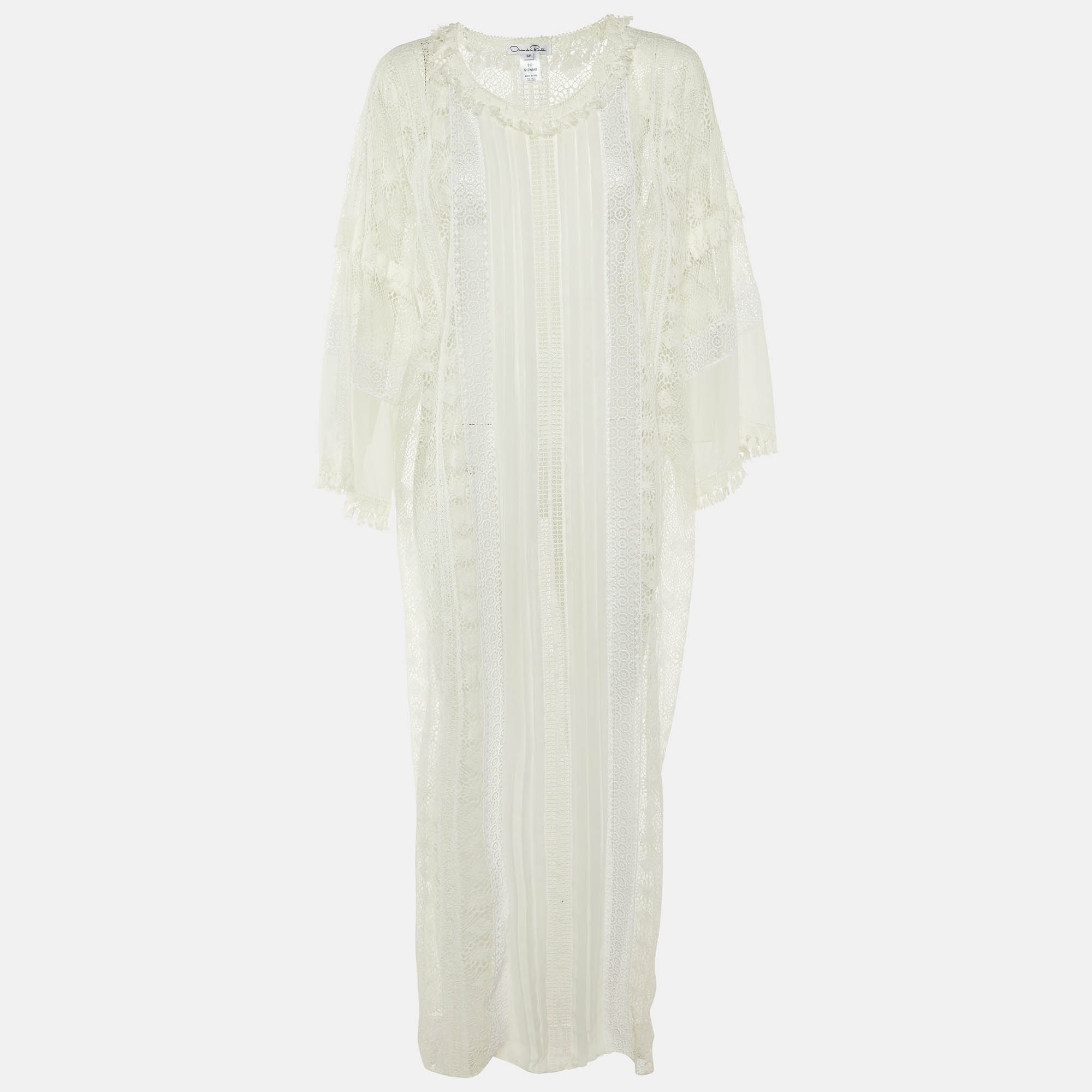 Pre-owned Oscar De La Renta White Lace Sheer Kaftan Maxi Dress S