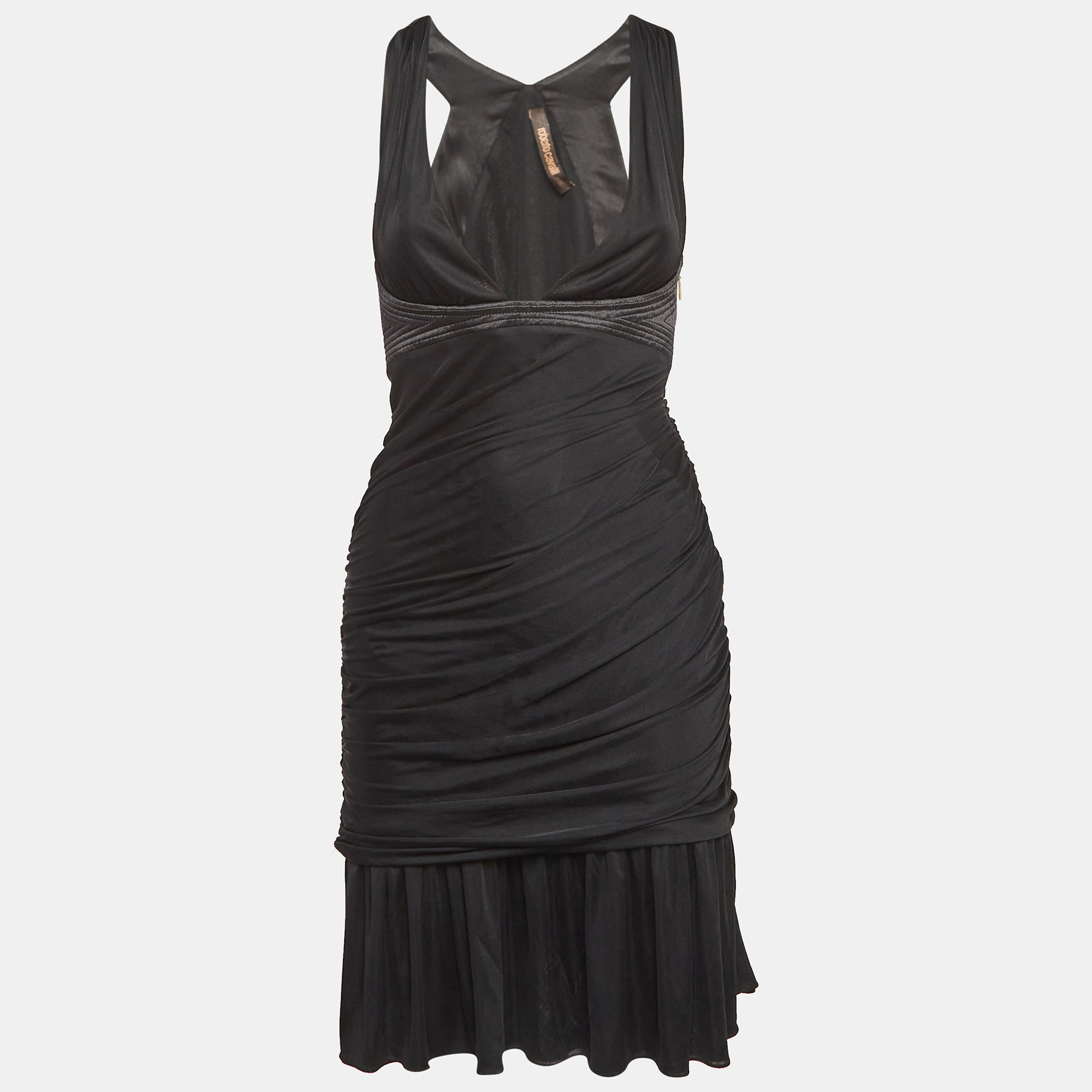 Pre-owned Roberto Cavalli Black Stretch Crepe Ruche Midi Dress S