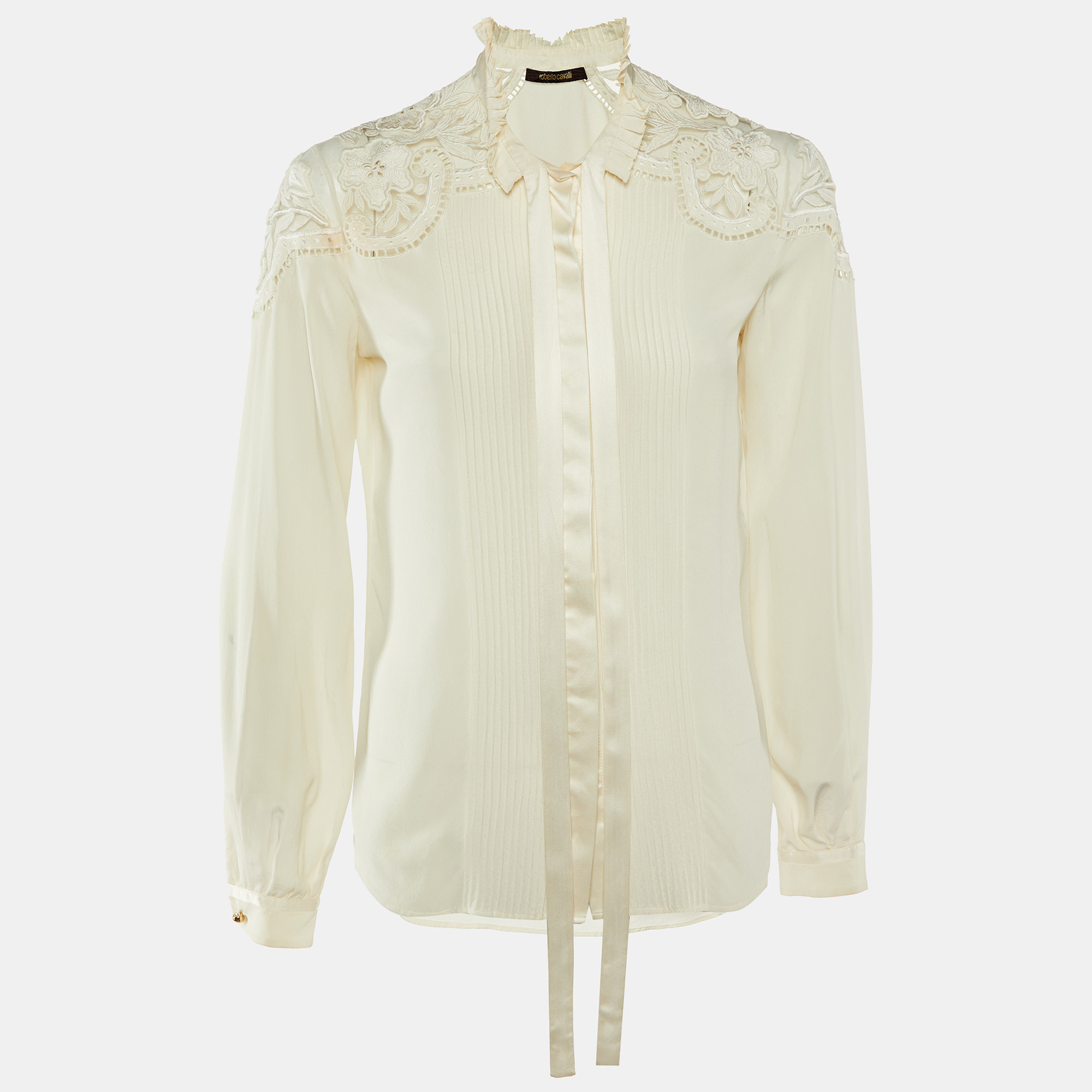 Pre-owned Roberto Cavalli Cream Silk Embroidered Button Front Shirt S