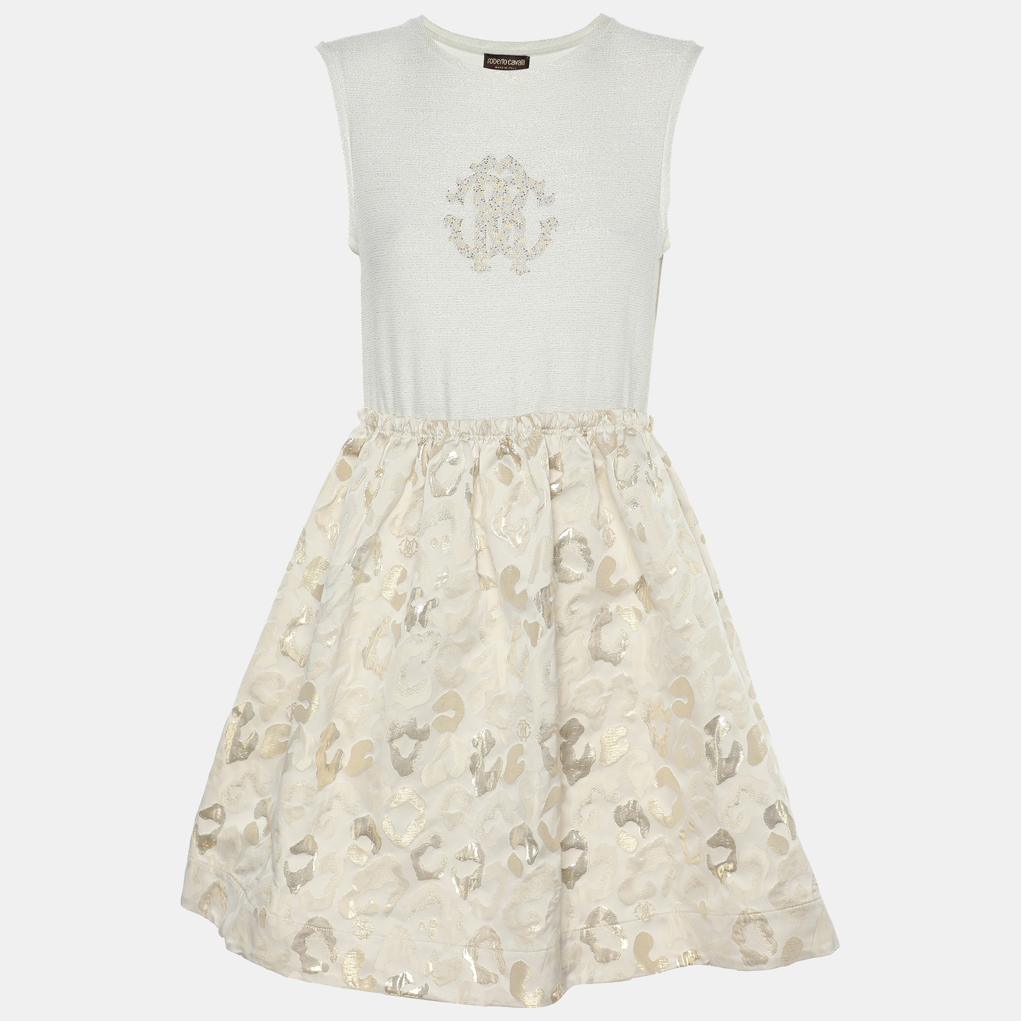 Pre-owned Roberto Cavalli Cream/gold Jacquard Mini Dress L