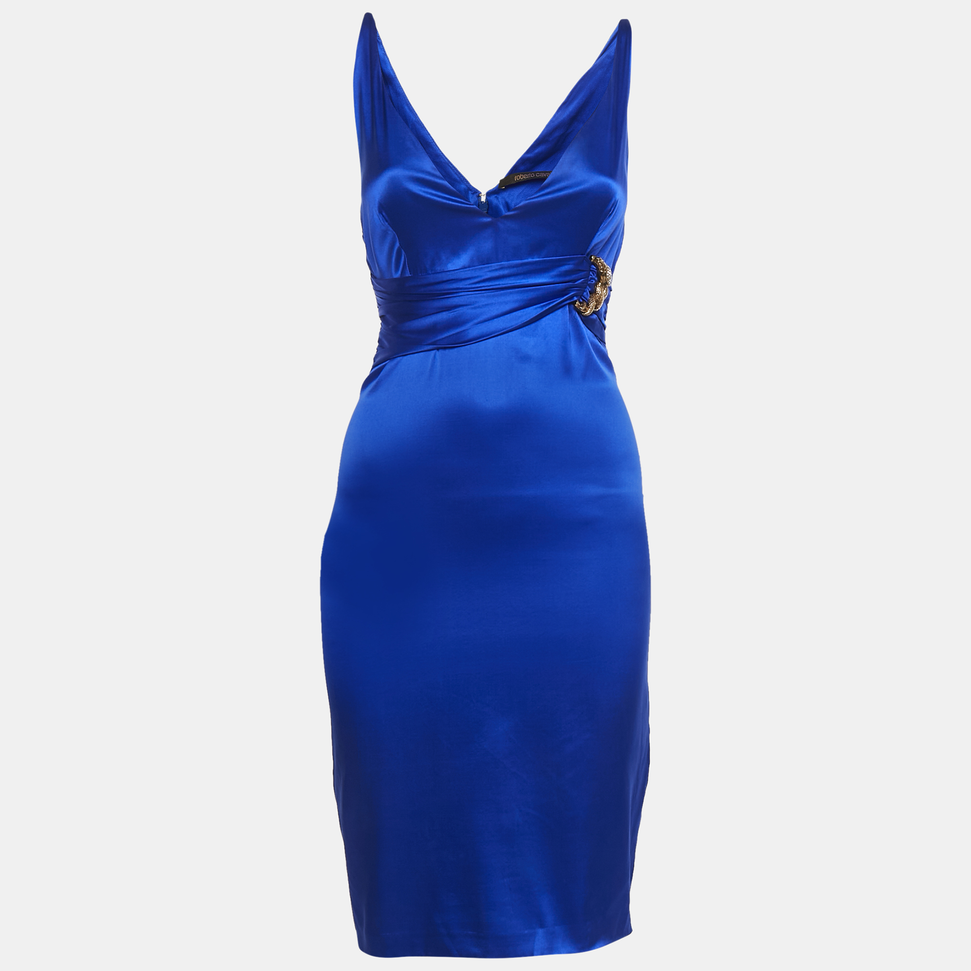 Pre-owned Roberto Cavalli Blue Stretch Satin Metal Detail Short Dress S