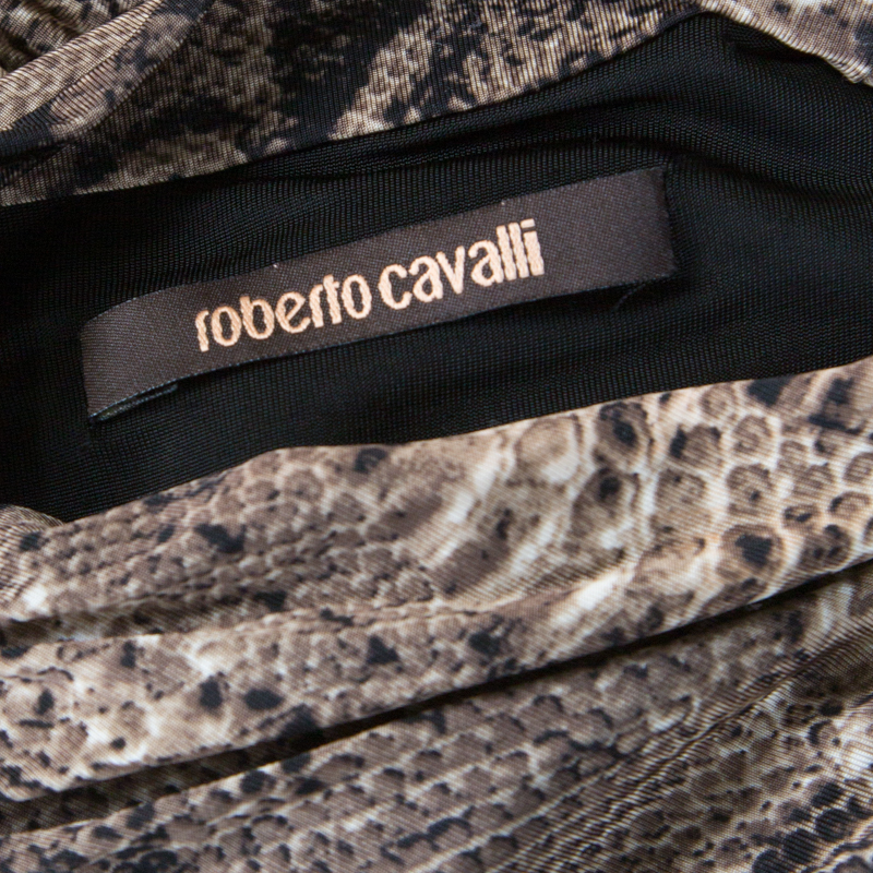 Pre-owned Roberto Cavalli Brown Snake Printed Jersey Ruched Detail Dress S