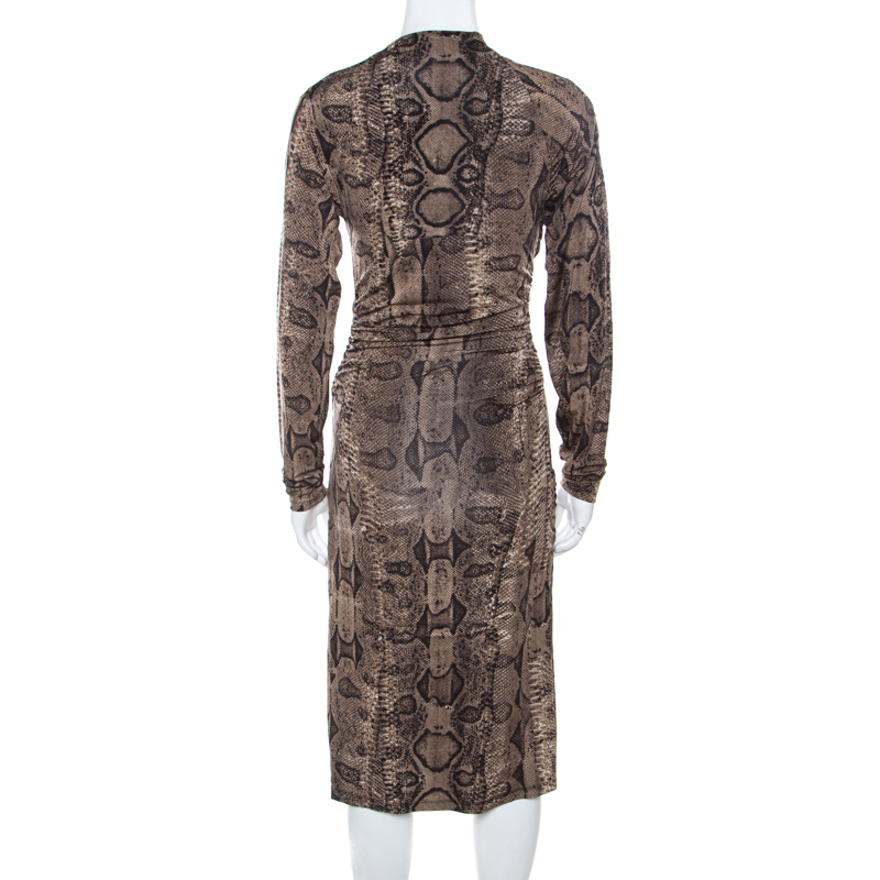 Pre-owned Roberto Cavalli Brown Snake Printed Jersey Ruched Detail Dress S