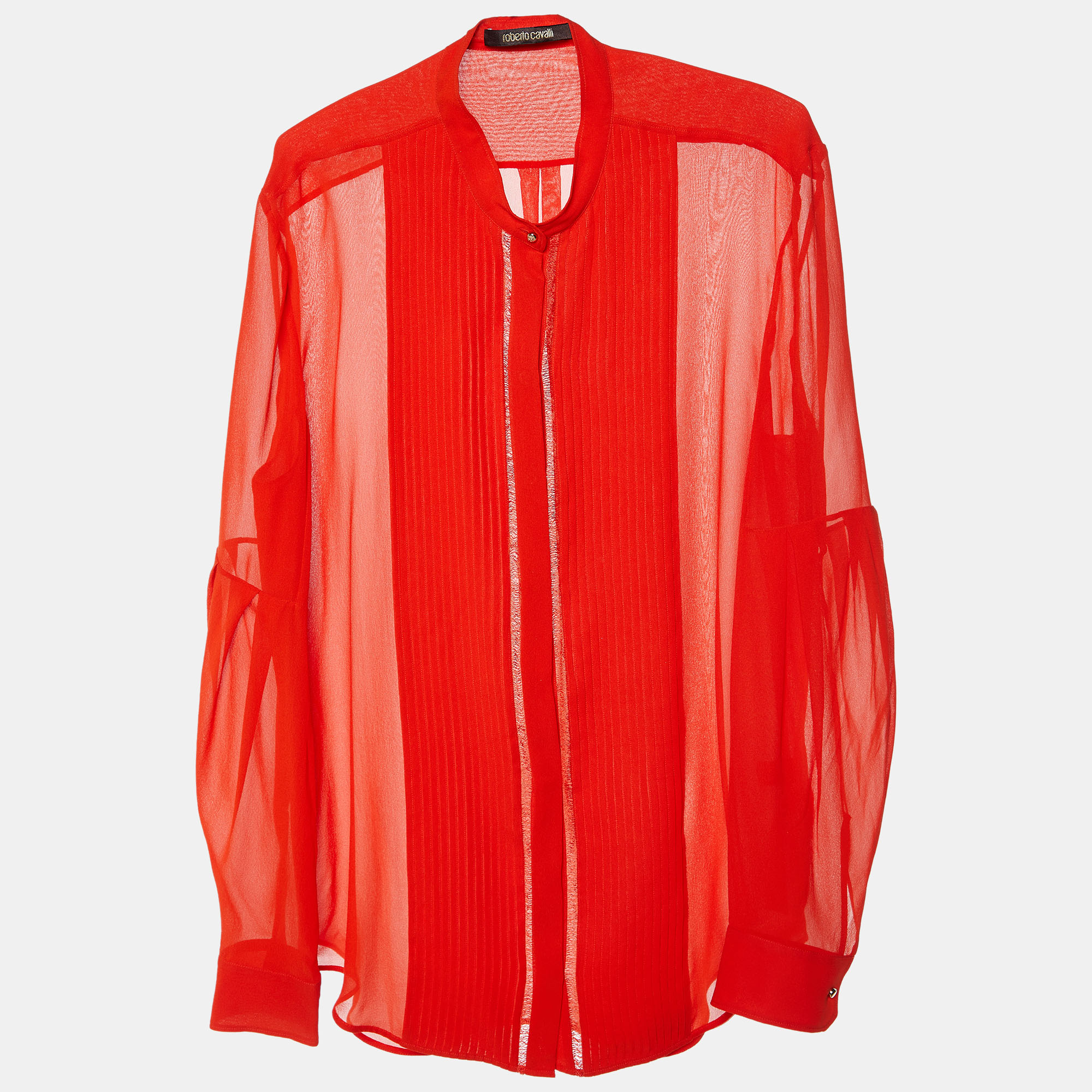 Pre-owned Roberto Cavalli Coral Red Silk Pintuck Detail Button Front Shirt L