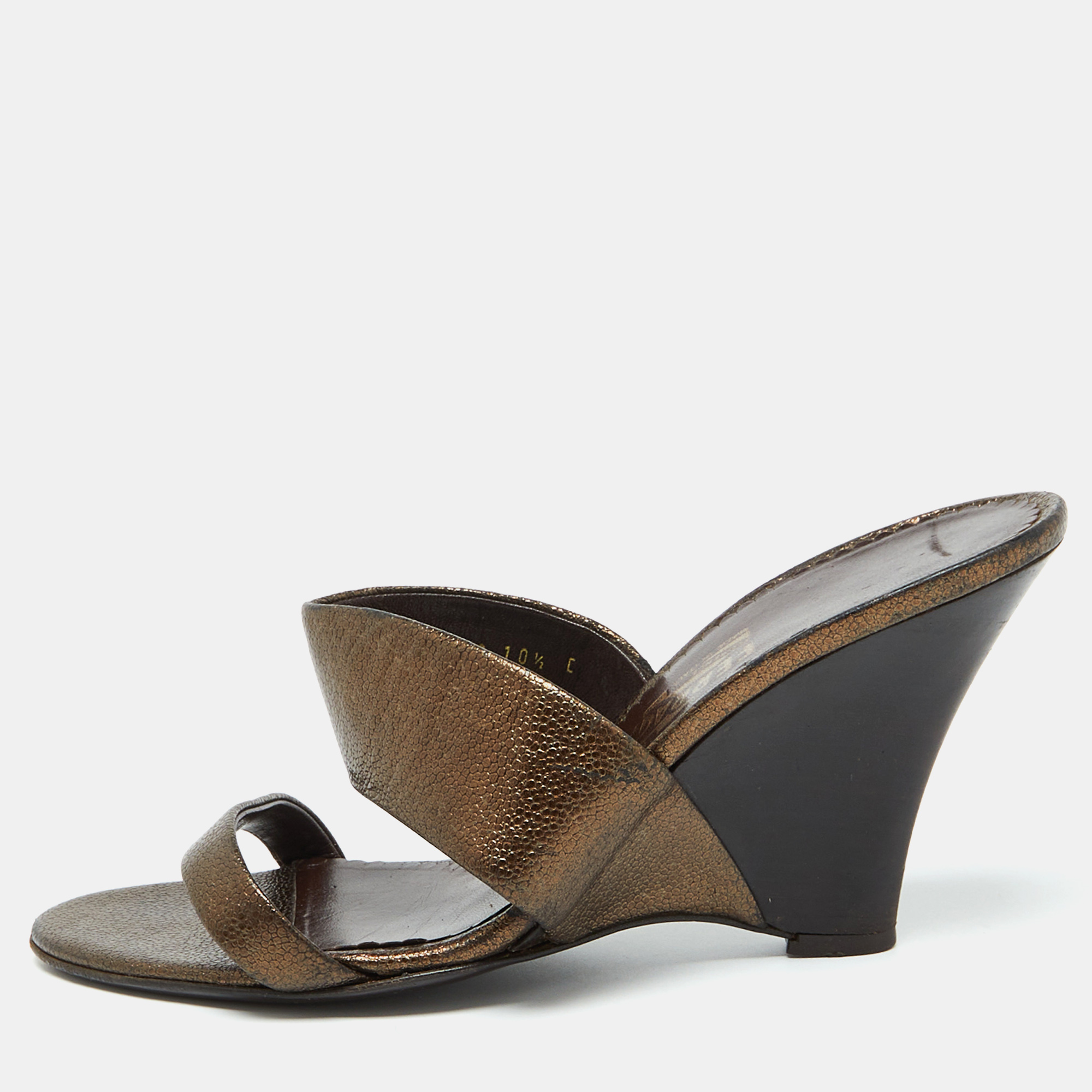 Pre-owned Ferragamo Metallic Brown Leather Slide Wedge Sandals Size 41