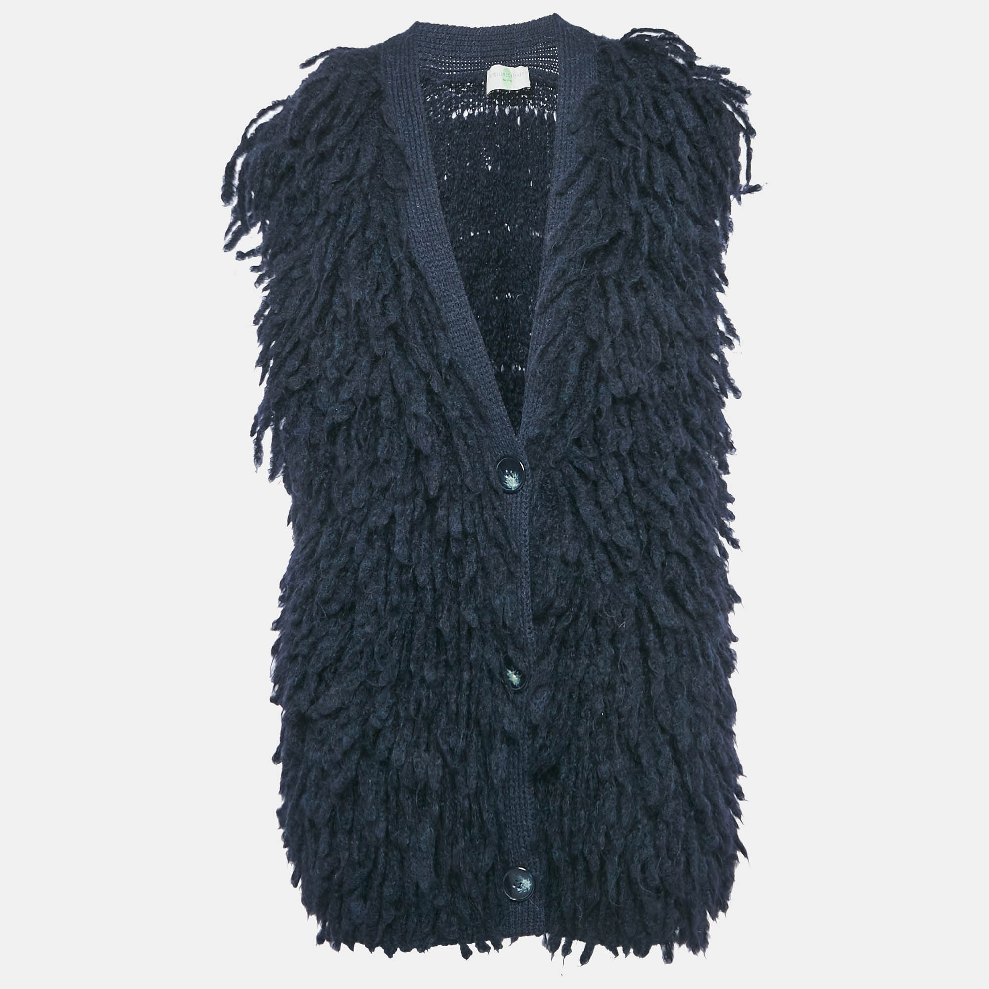 Pre-owned Stella Mccartney Navy Blue Wool Fringed Sleeveless Cardigan S