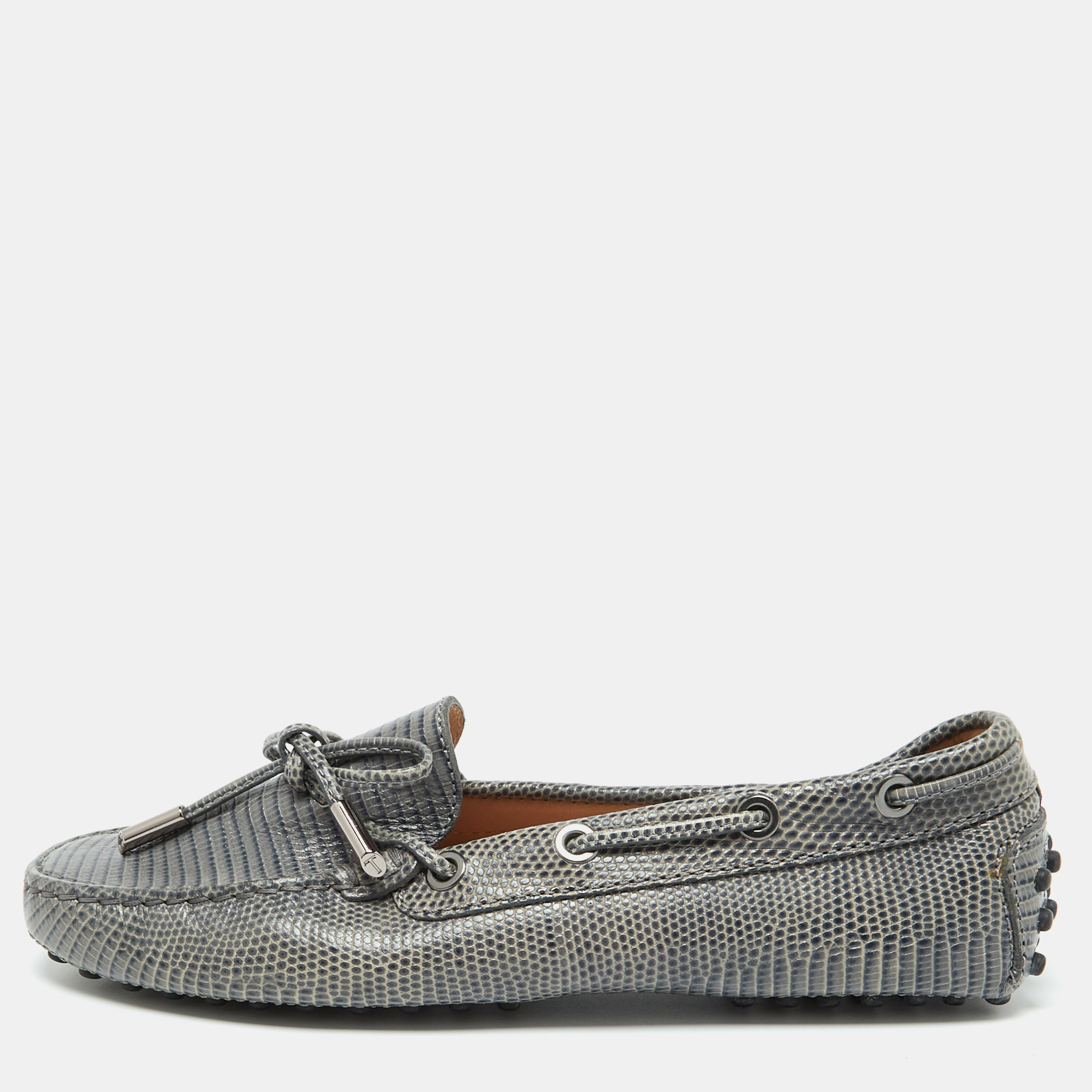 Pre-owned Tod's Grey Lizard Embossed Leather Bow Slip On Loafers Size 35