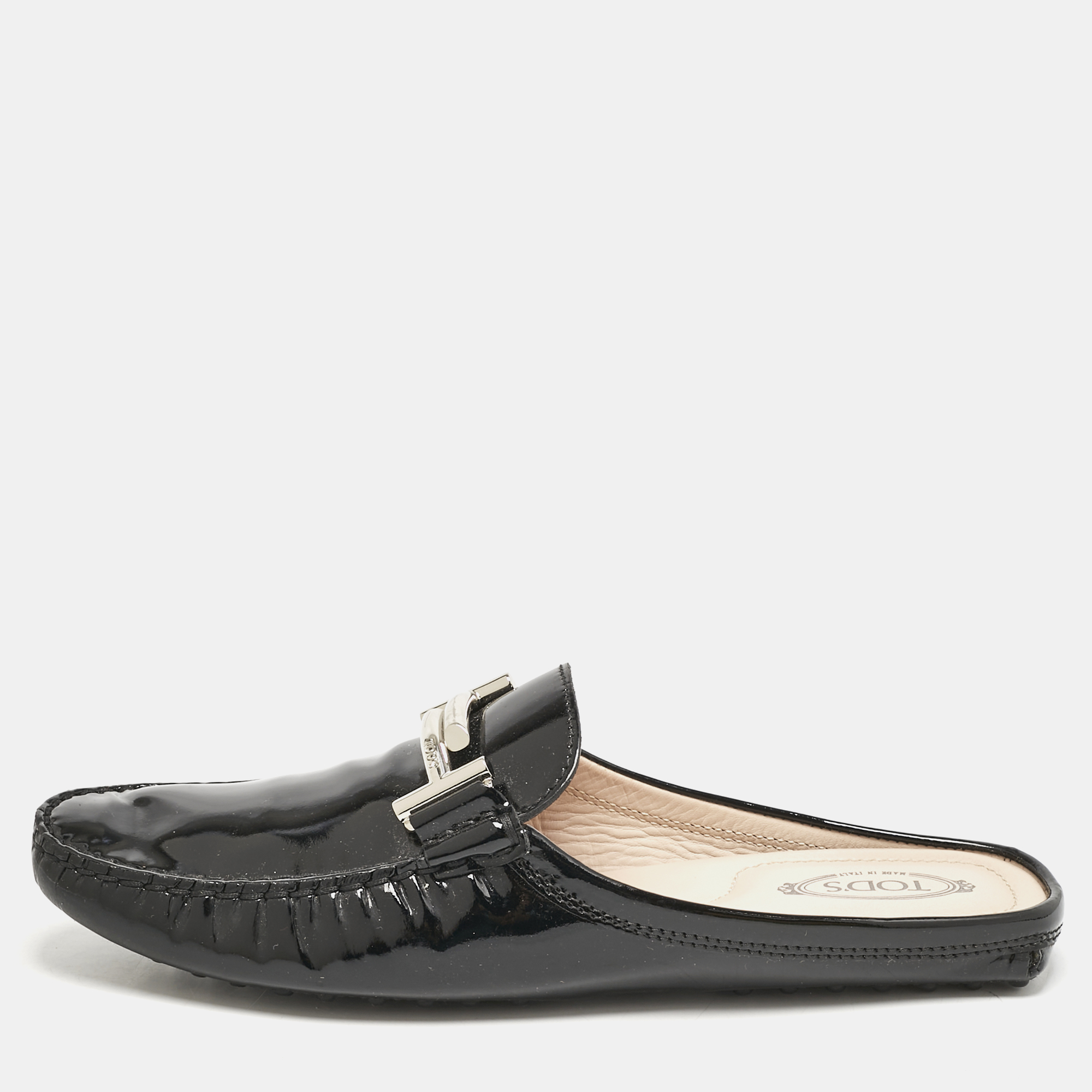 Pre-owned Tod's Black Patent Leather Double T Flat Mules Size 39