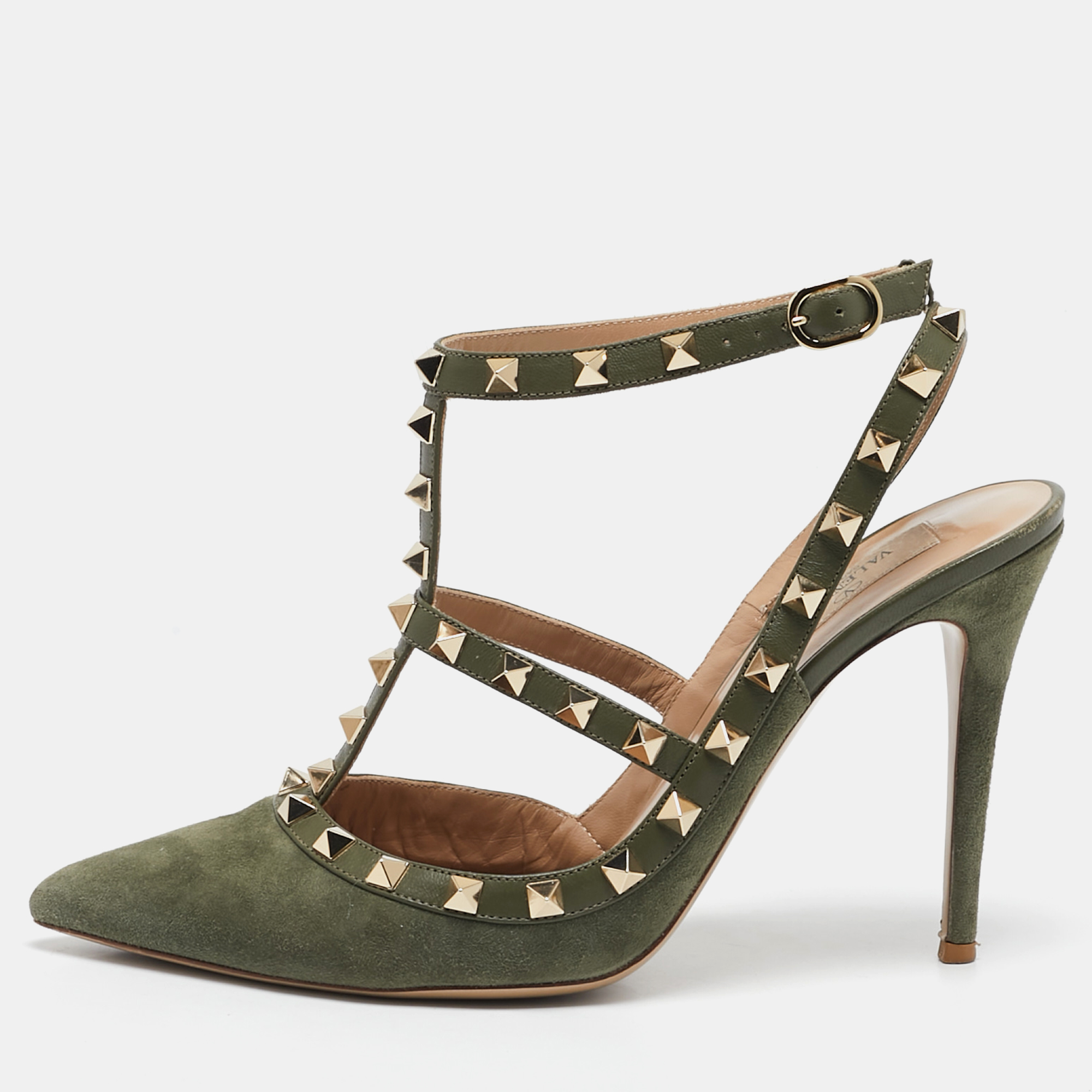 Pre-owned Valentino Garavani Olive Green Suede And Leather Rockstud Caged Pumps Size 40