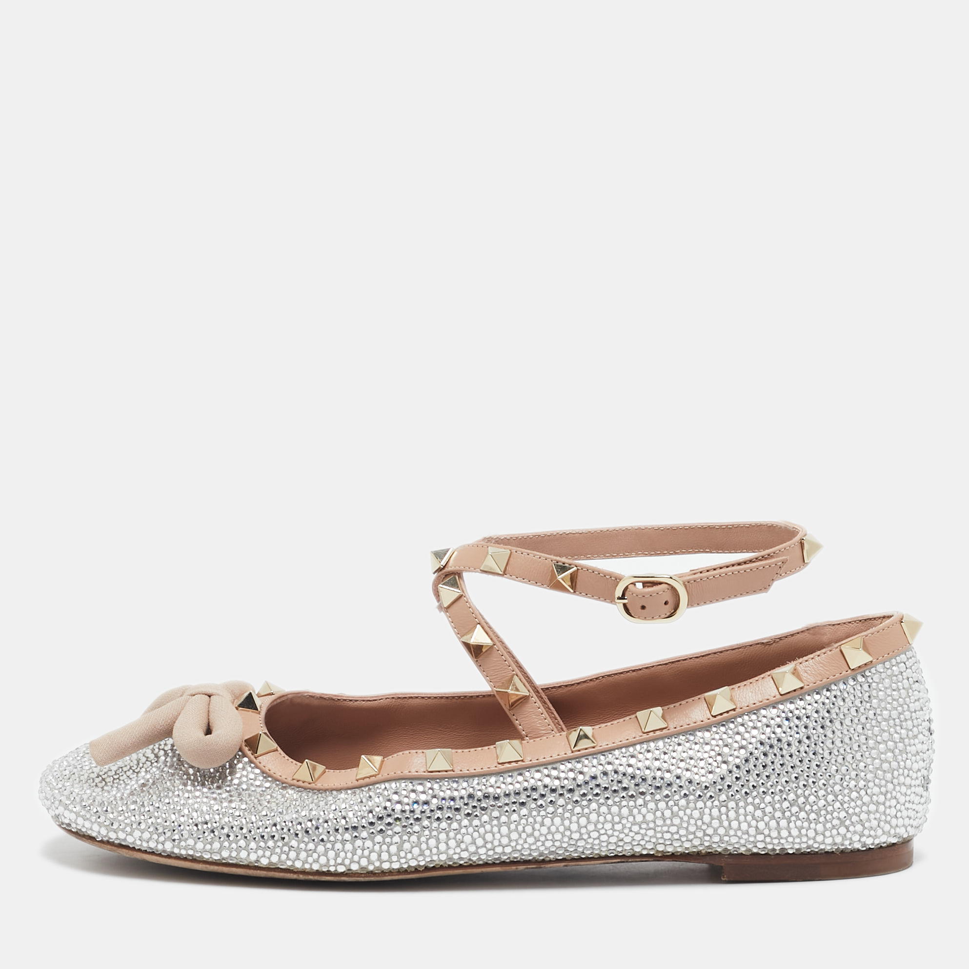 Pre-owned Valentino Garavani Beige/silver Leather Crystal Embellished Rockstud Ballet Flats Size 39.5