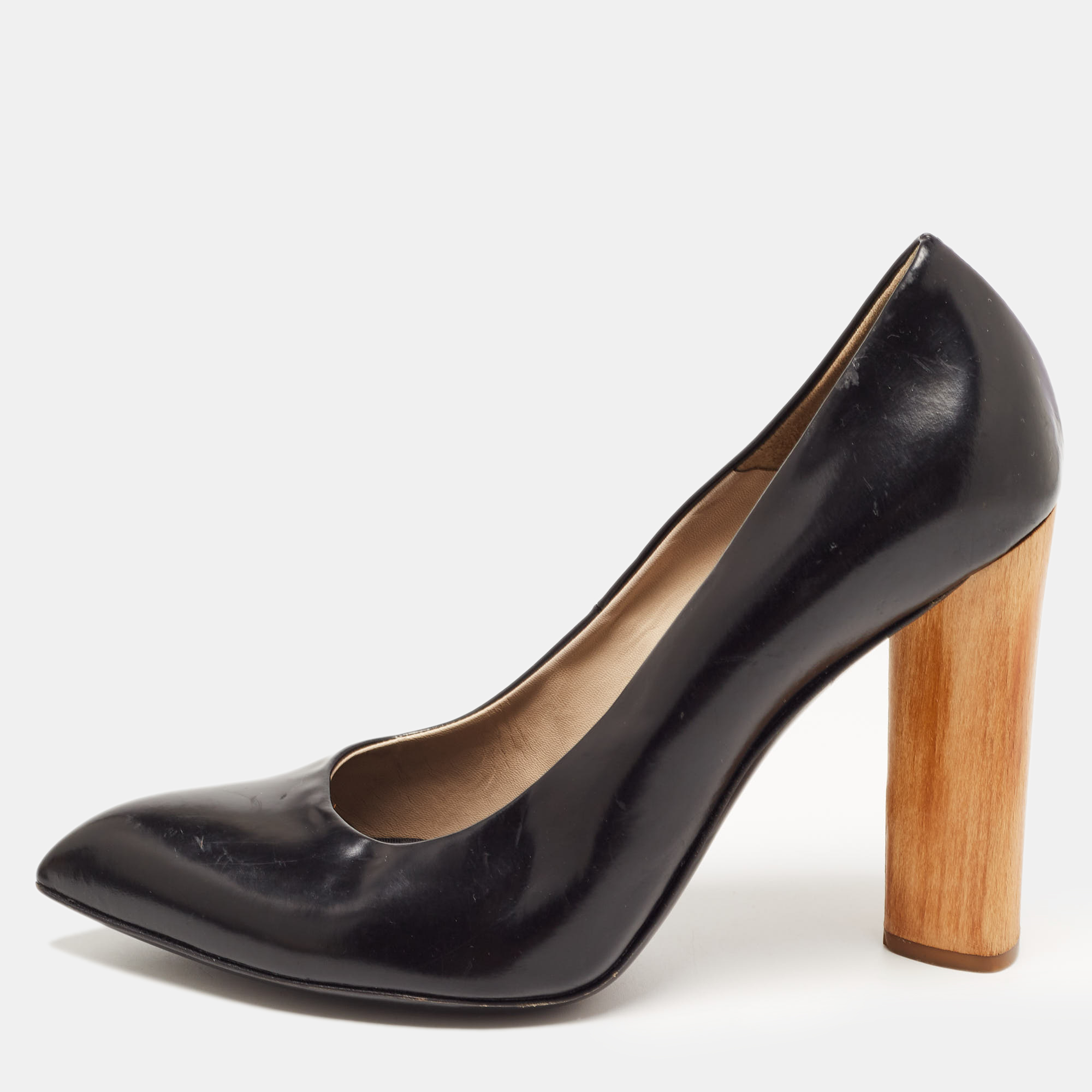 Pre-owned Saint Laurent Black Leather Pointed Toe Wood Heel Pumps Size 41