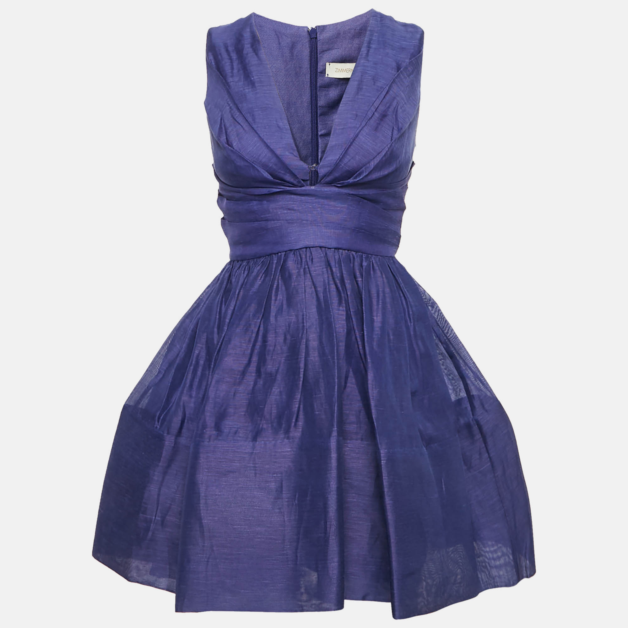Pre-owned Zimmermann Blue Linen Blend Tama V-neck Mini Dress M